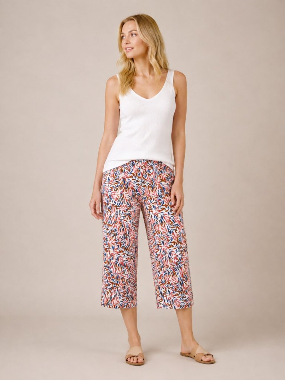 2/$30 Lands' End Confetti Leaf Print Linen Capri Pant 20W #A3520